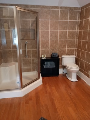 Shower, jetted bath, towels, soap
