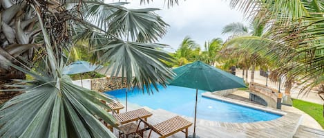 Outdoor pool, pool umbrellas, pool loungers