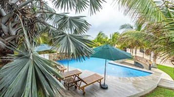 Outdoor pool, pool umbrellas, pool loungers