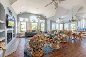 TV, fireplace, foosball, books