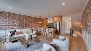 Smart TV, fireplace, books