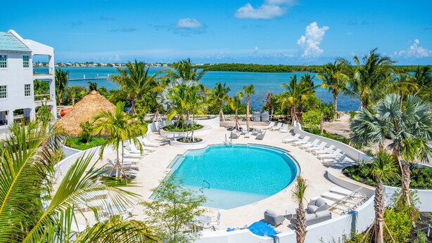 A resort pool with a view of the sea, surrounded by palm trees and lounge chairs. - Sea Glass Cove (Marathon)