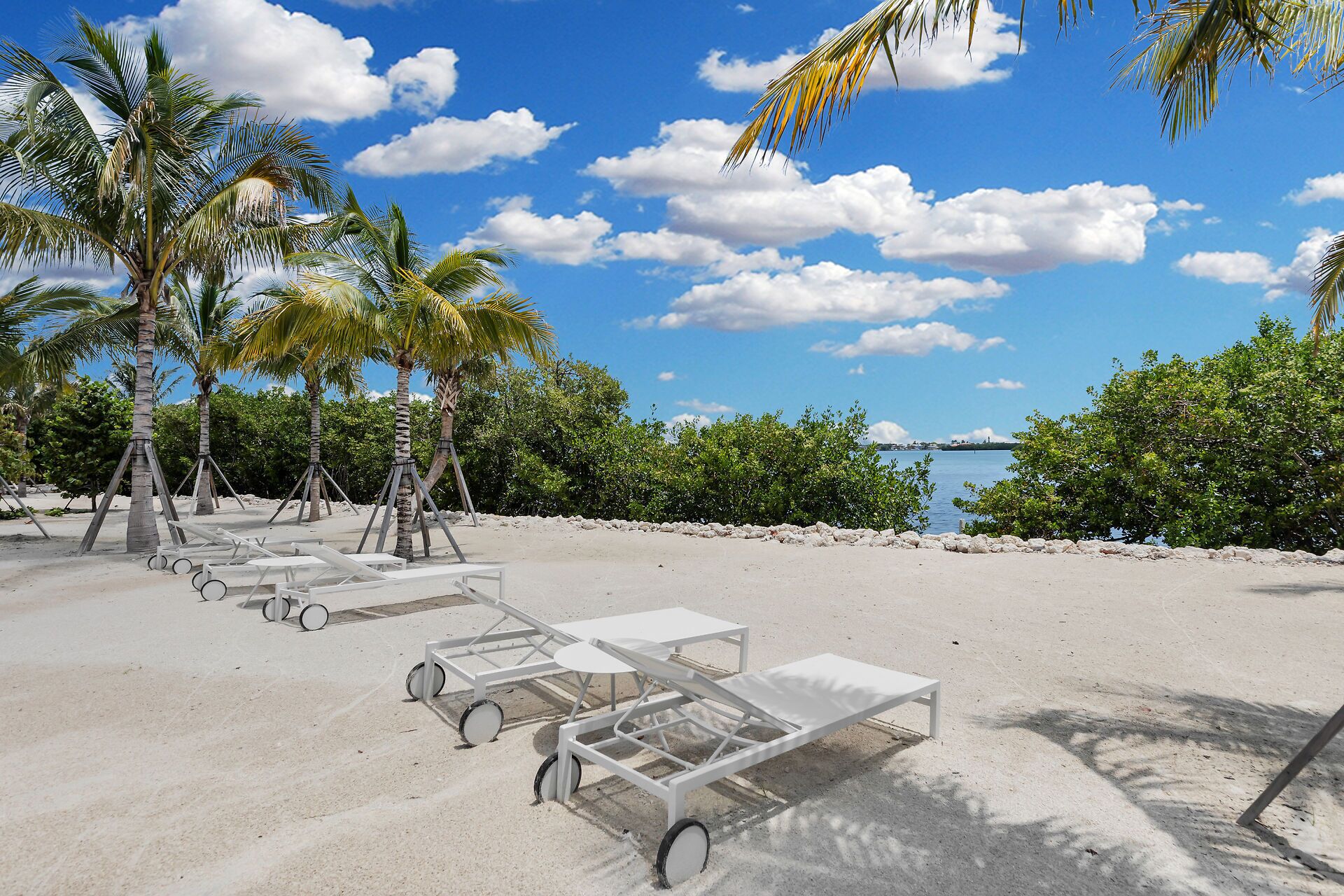 A beach with white lounge chairs and tables, palm trees, and a clear blue sky.