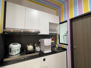 Fridge, microwave, stovetop, high chair