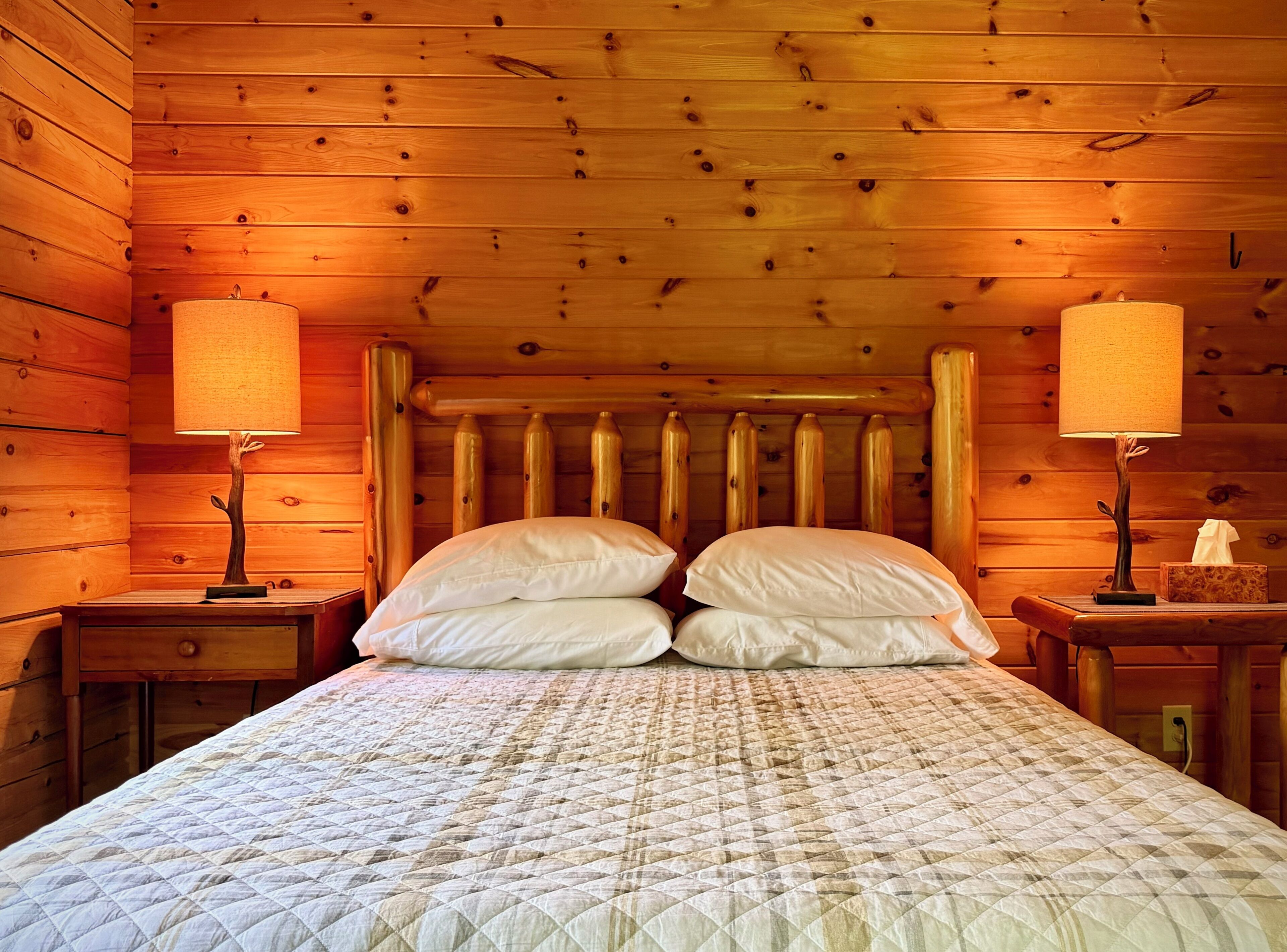 Een slaapkamer in chaletstijl met een bed, twee nachtkastjes en twee wandlampen.