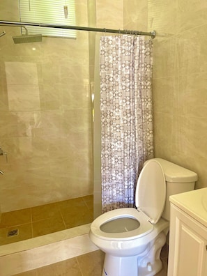 Shower, towels, soap, toilet paper