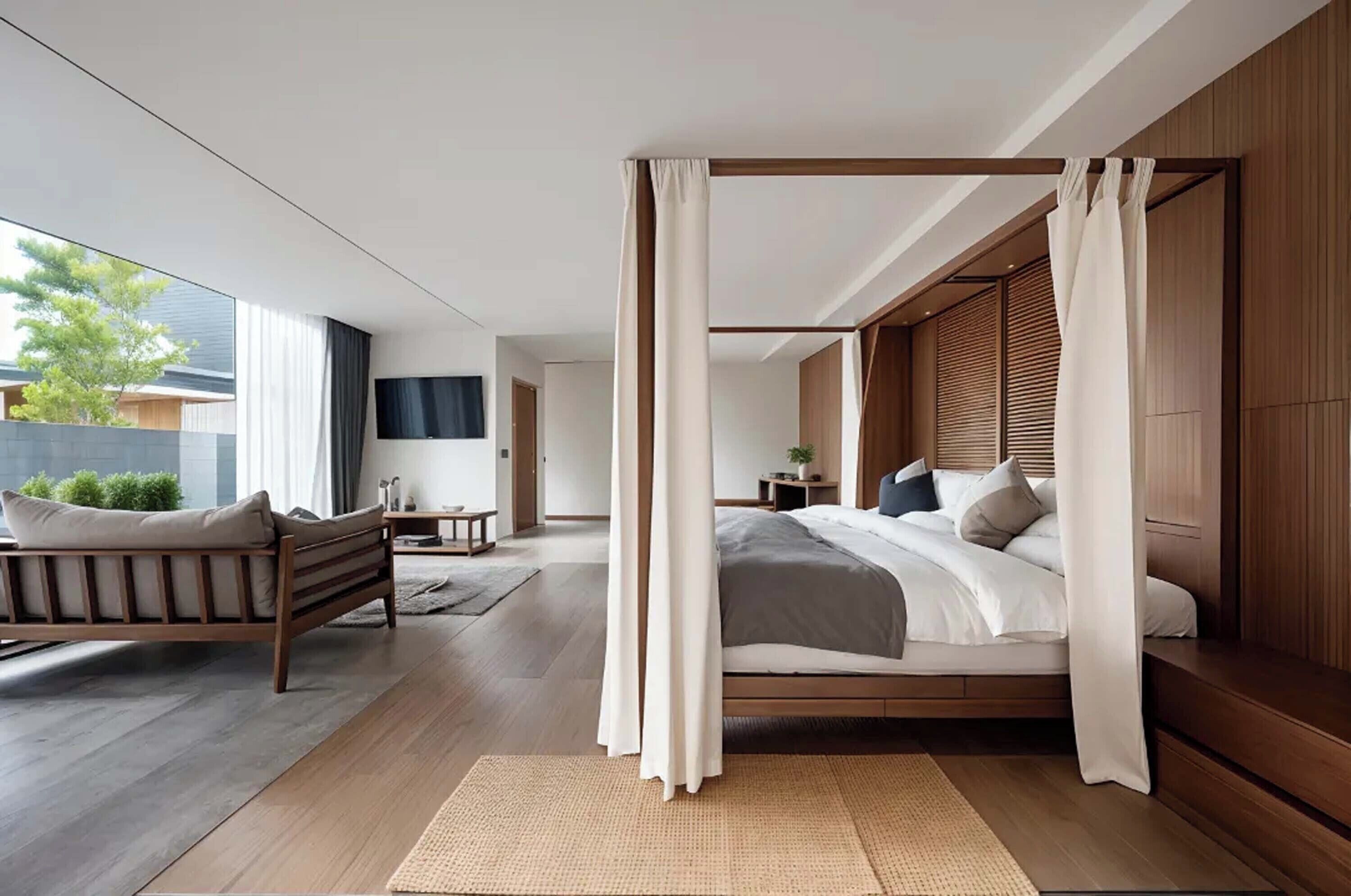 Une chambre moderne avec un lit à baldaquin, un plancher en bois et une vue sur l’extérieur.