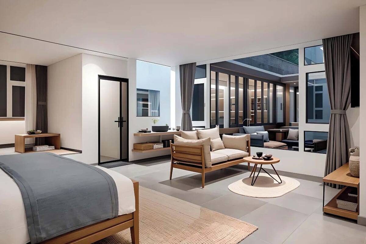 A modern bedroom with a large bed, a sofa, and a dining table. There are large windows and a view of the outside.