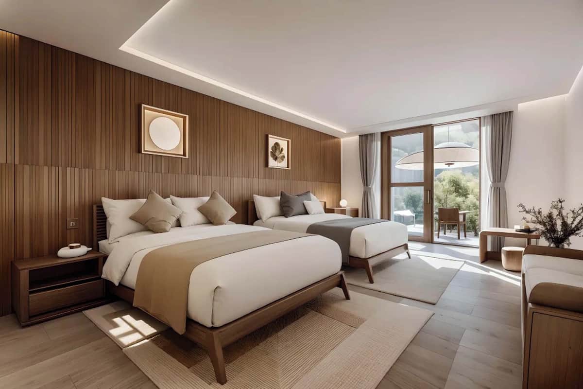 A modern bedroom with two beds, wooden paneling, a large window, and a view of greenery.