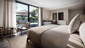 A modern hotel room with a large bed, a desk, and a balcony with chairs.