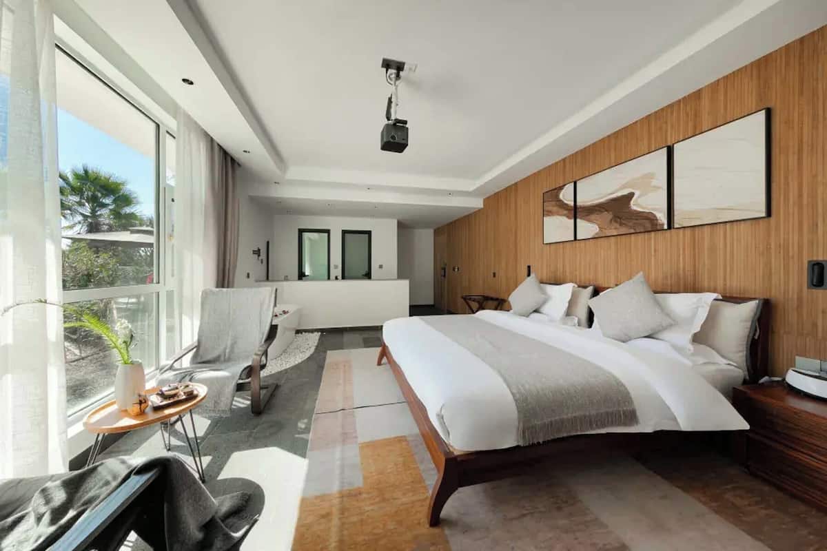 A modern bedroom with a large bed, a wooden accent wall, and a view of the outdoors.