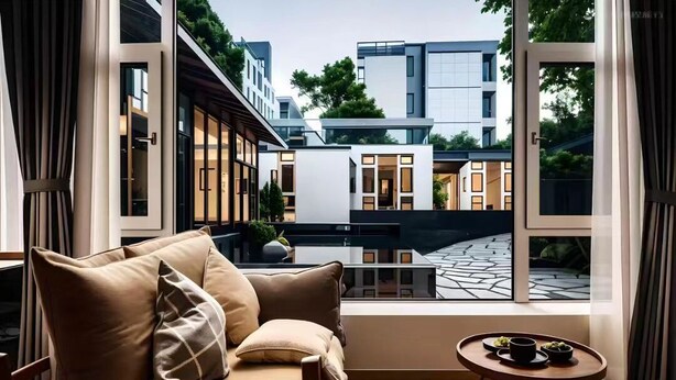 A modern interior with a sofa and a small table, large windows offering a view of the street and buildings outside.