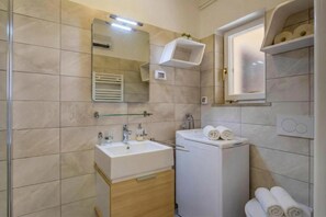 Shower, hair dryer, towels