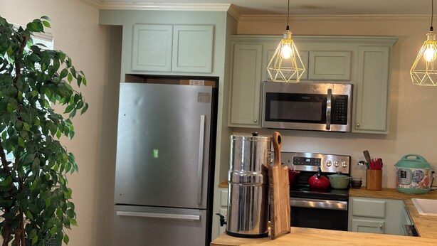 A kitchen with light green cabinets, stainless steel appliances, and pendant lighting. - Charming Quiet 1-bedroom 1 bath ADU with AC, WiFi in Savannah (Savannah)