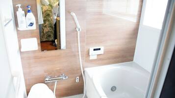 Hair dryer, towels, soap, shampoo