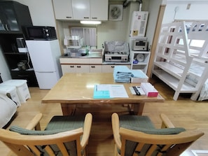 Fridge, microwave, cookware/dishes/utensils