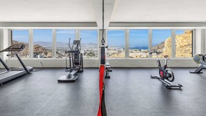 A gym with cardio machines and a view of a coastal landscape. - Oceanview Pedregal Condo: Jacuzzi, Balcony & (Cabo San Lucas)