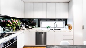 Fridge, microwave, oven, stovetop