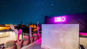 Um jardim no terraço com cactos em vasos e uma placa de neon que diz 'XALO' sob um céu estrelado.