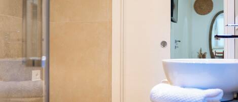 Shower, hair dryer, bidet, towels