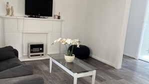 Una sala de estar moderna con chimenea, televisor de pantalla plana y una mesa de centro con planta en maceta.