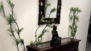 A dark wooden console table with a mirror above it, flanked by two green plants with trailing vines. - Peaceful Nadi Base Retreat (Nadi)
