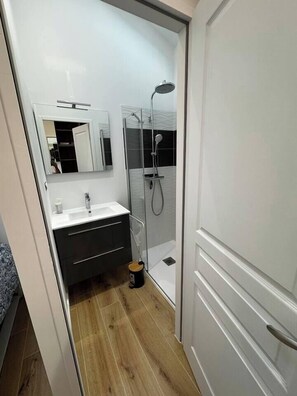 Shower, hair dryer, soap, shampoo