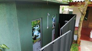 Shower, free toiletries, towels, soap