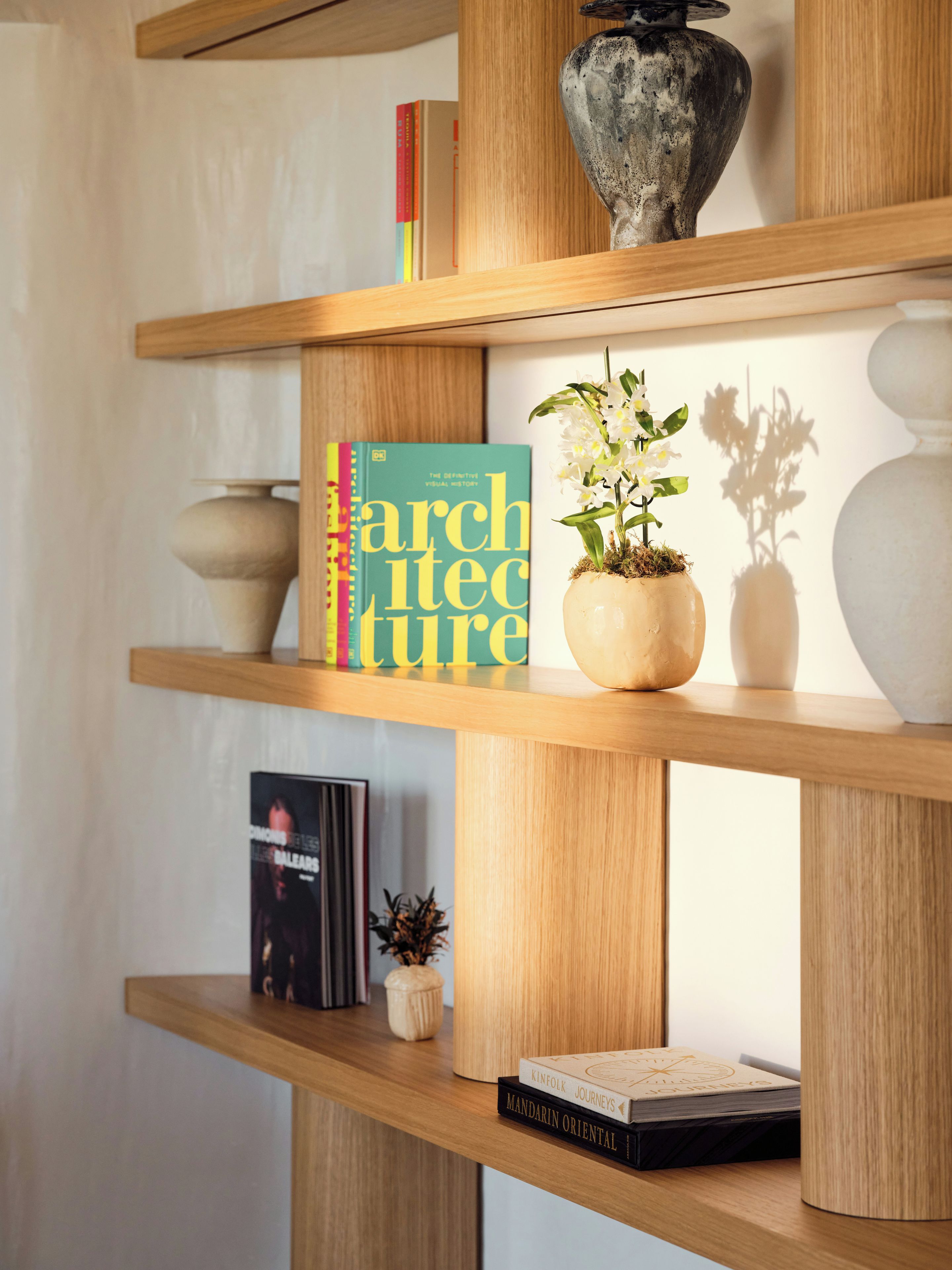 A wooden bookshelf with books, a potted plant, and decorative items.
