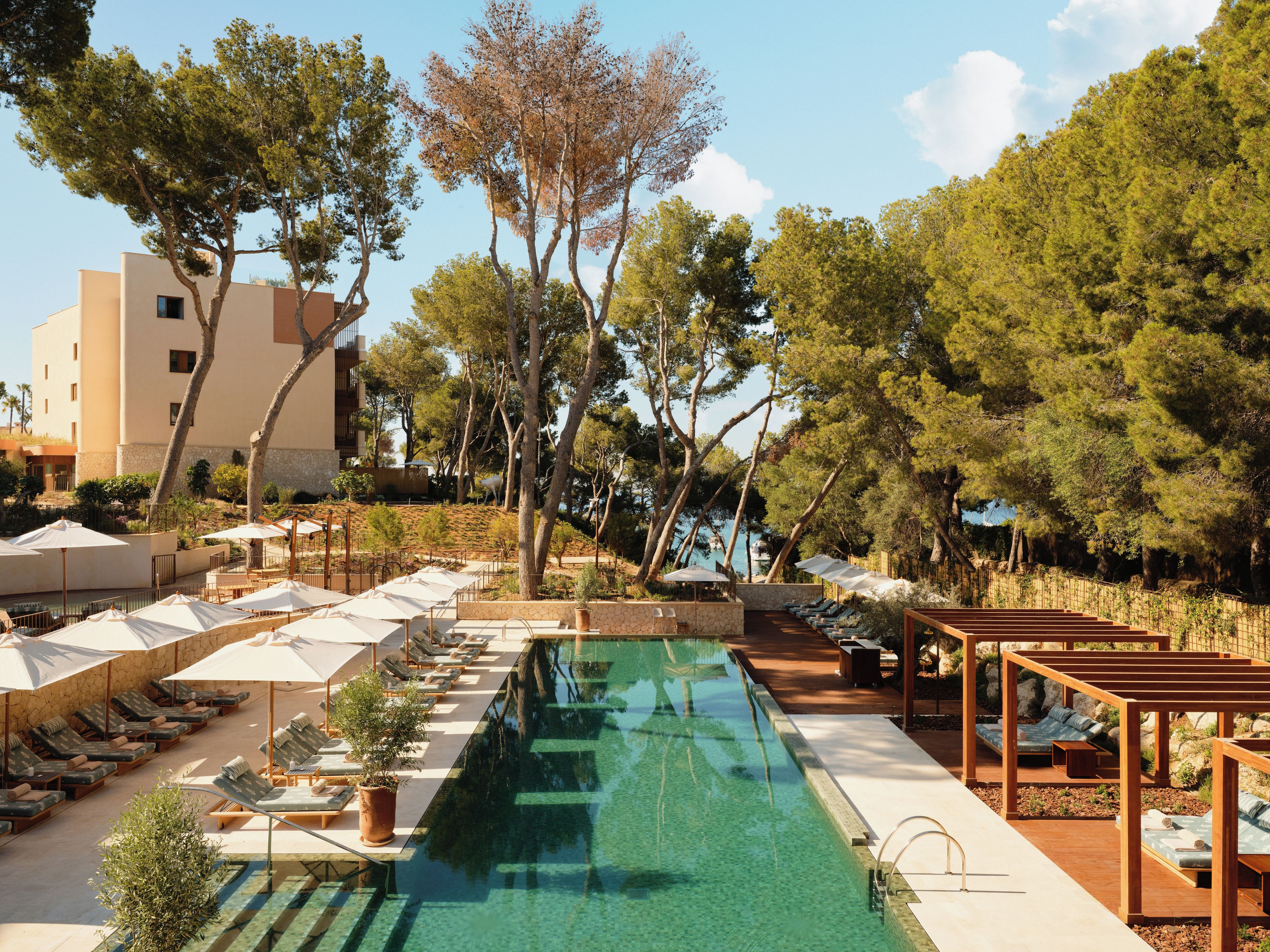 A pool area with lounge chairs and umbrellas, surrounded by trees and a building in the background.