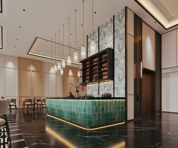 A modern bar area with a green countertop, hanging pendant lights, and a marble wall. - Iconique Hotel Nha Trang (Nha Trang)