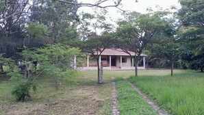 Una casa rodeada de árboles y un césped.