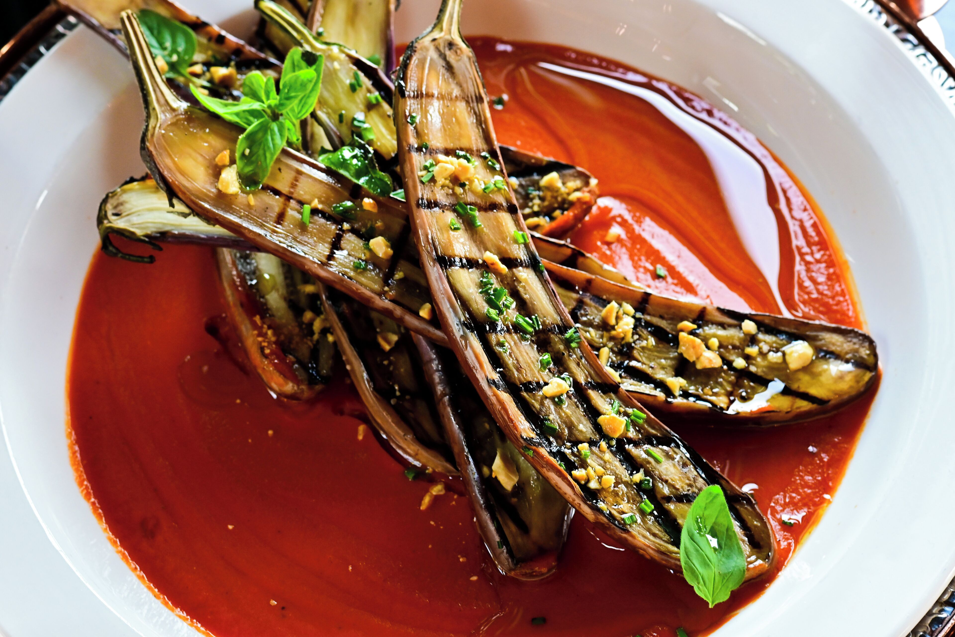 A dish of grilled eggplant with a red sauce and garnished with herbs and nuts.