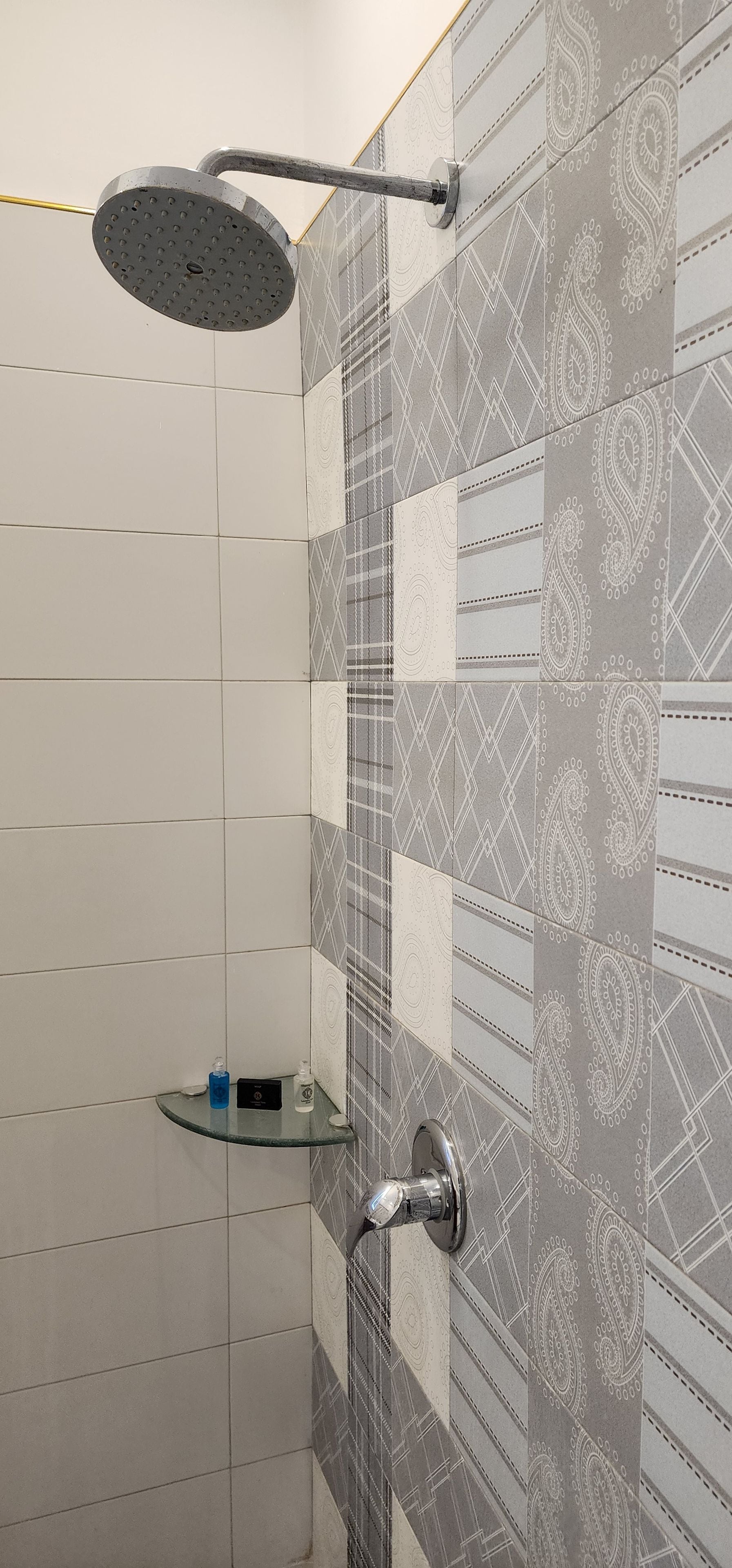 A shower with a handheld showerhead and a wall-mounted faucet.
