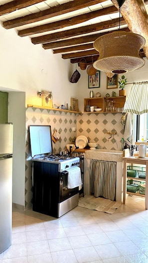 Fridge, oven, stovetop, coffee/tea maker