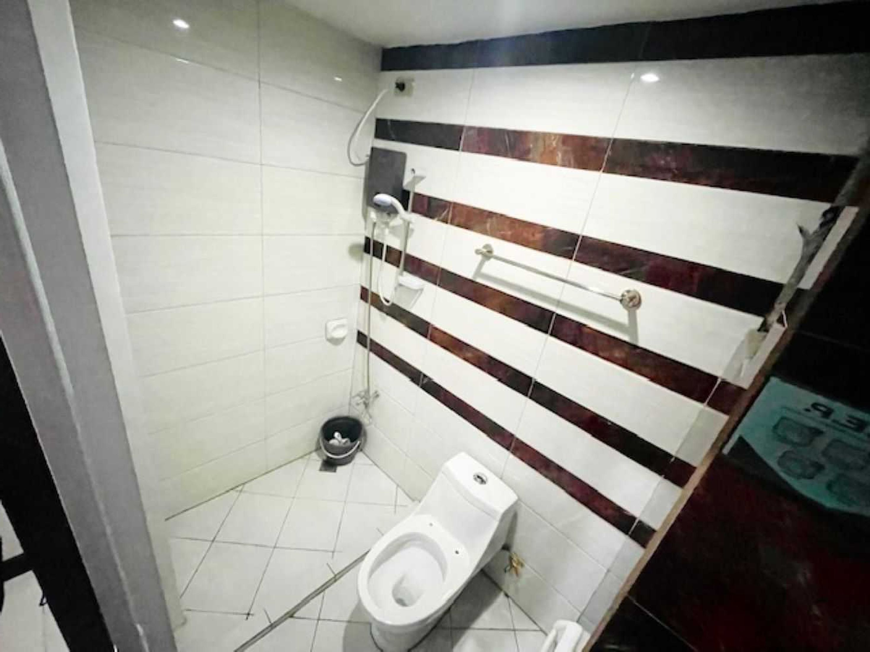 A small, tiled bathroom with a toilet, a shower, and a handrail.