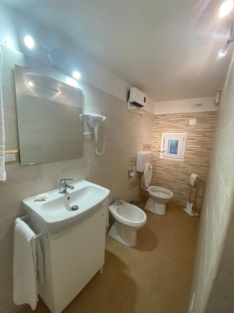 Shower, hair dryer, bidet, towels. The small dwelling