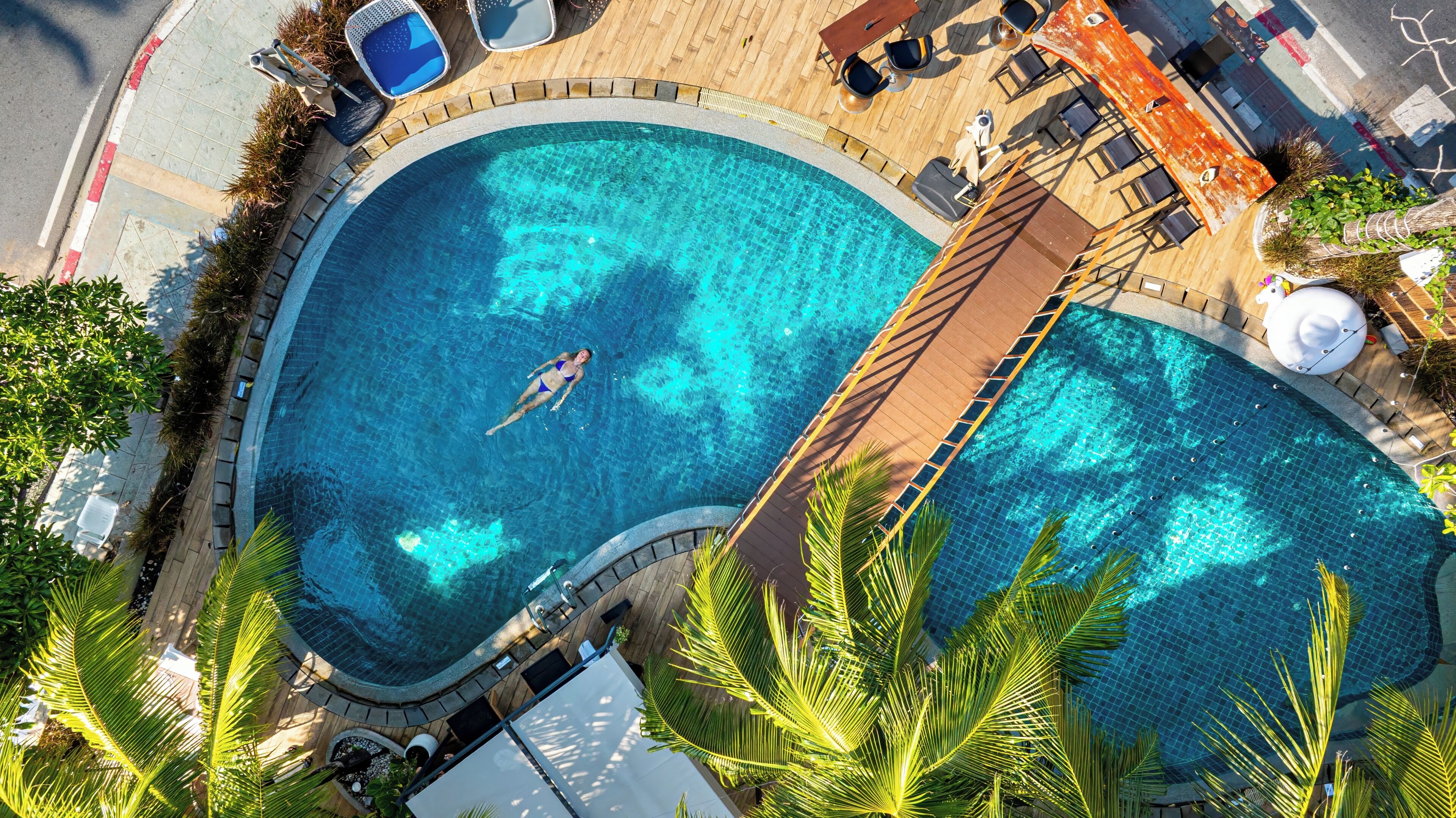 A large, curved swimming pool with a wooden deck and lounge chairs, surrounded by palm trees.