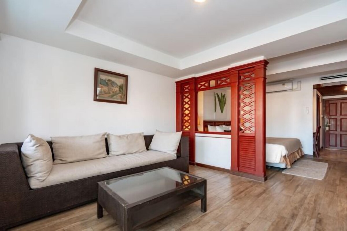 A living room with a sofa, coffee table, and a red partition with a plant.