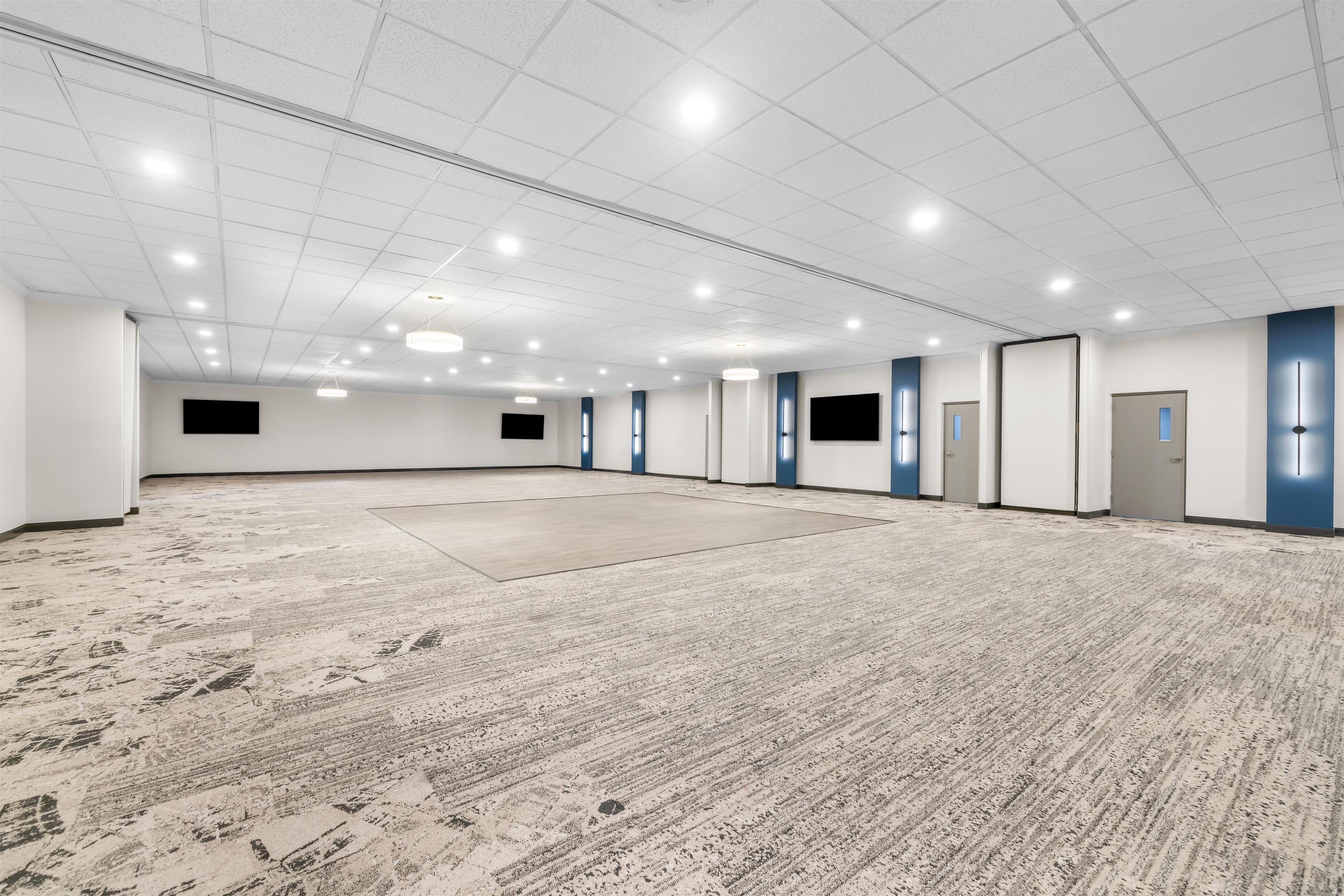 Una habitación amplia con piso alfombrado, paredes blancas y una serie de luces en el techo.