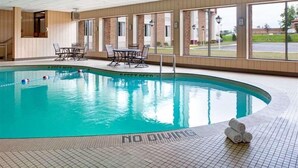 Una piscina interior con agua cristalina, suelo de baldosas y vistas al exterior a través de amplias ventanas.