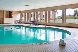 Ein Innenpool mit klarem Wasser, gefliestem Boden und Blick ins Freie durch große Fenster.