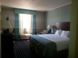 Una habitación de hotel con una cama, una silla, un escritorio y una lámpara.