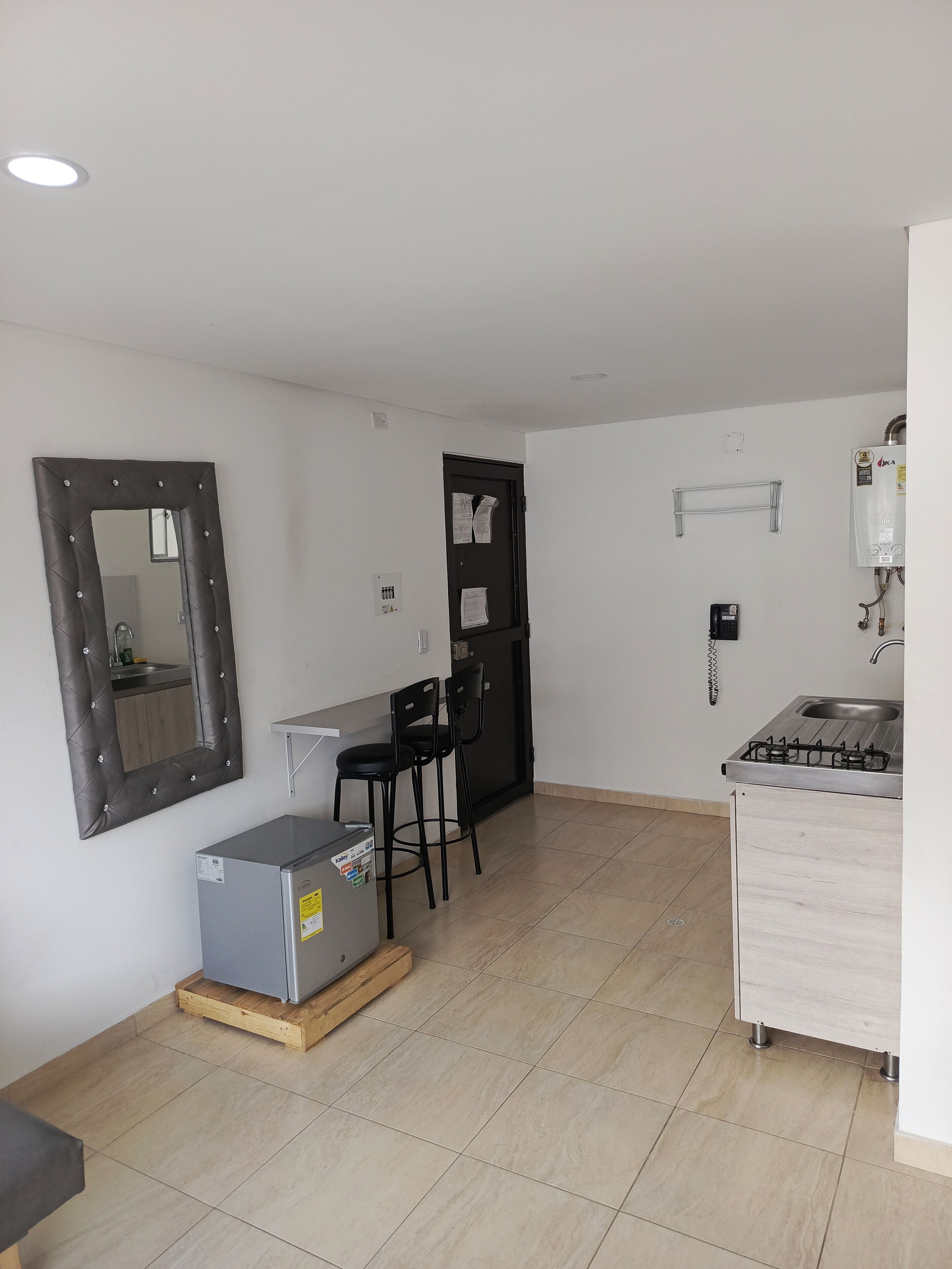 Mini-fridge, cookware/dishes/utensils