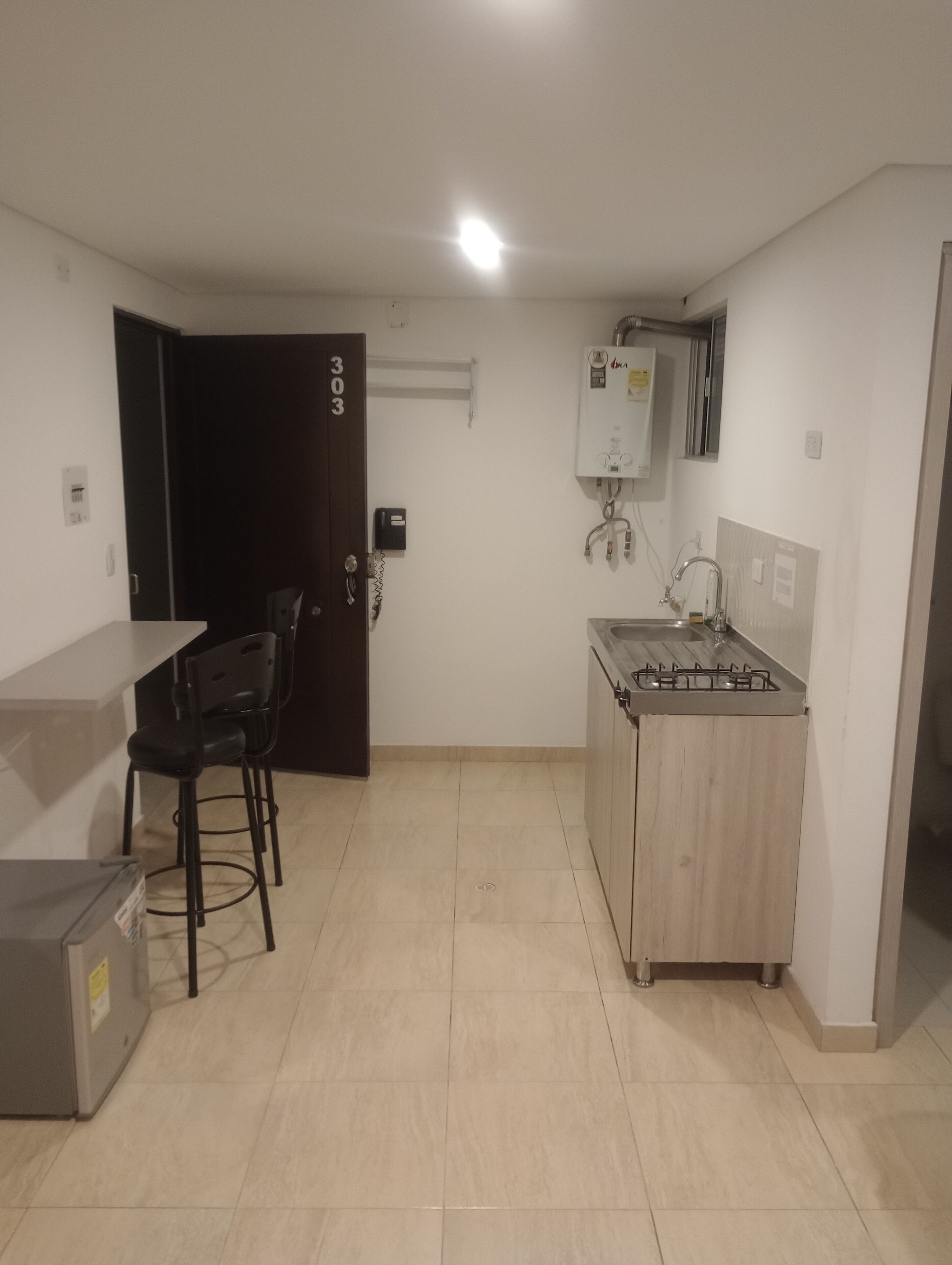 Mini-fridge, cookware/dishes/utensils