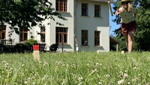 A two-story house with a sloped roof, multiple windows, and a lawn with clover. - Cozy vacation apartment for up to 4 people on the first floor of a manor house (Alt Necheln)