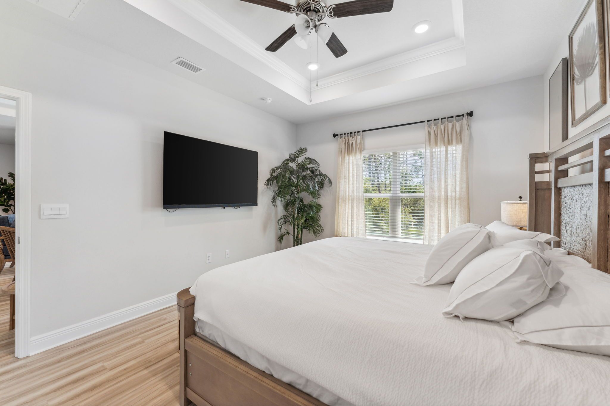 A bedroom with a bed, a ceiling fan, a TV mounted on the wall, a window with curtains, and a plant.