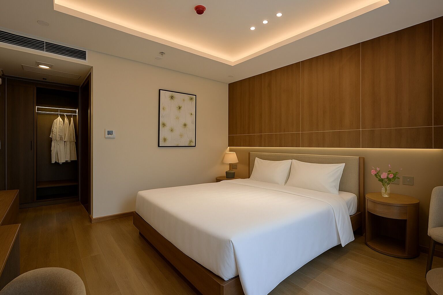 A hotel room with a large bed, a wooden wardrobe, a bedside table with a lamp, and a small vase with flowers.