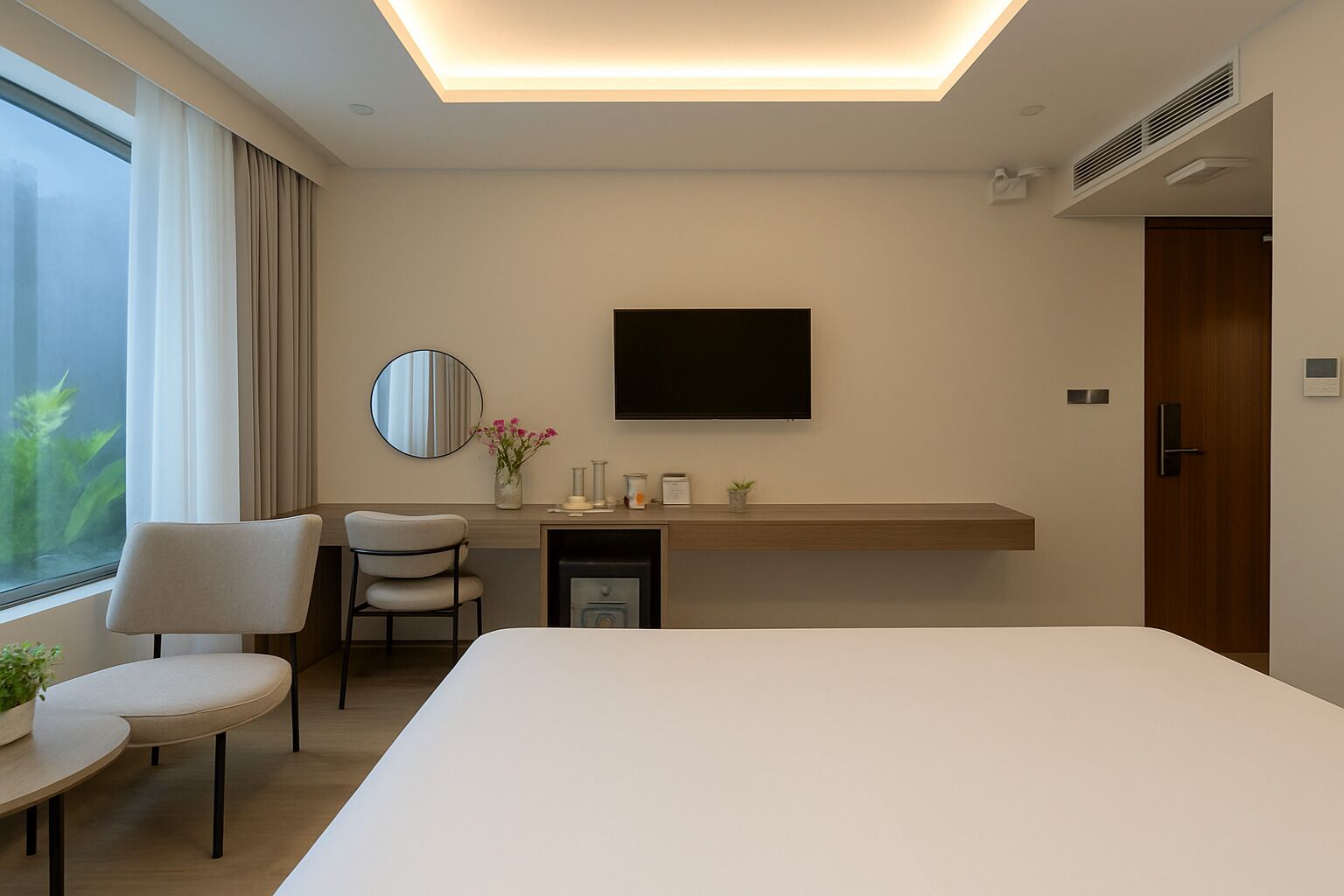 A hotel room with a large bed, a desk, a chair, a TV, and a window with curtains.