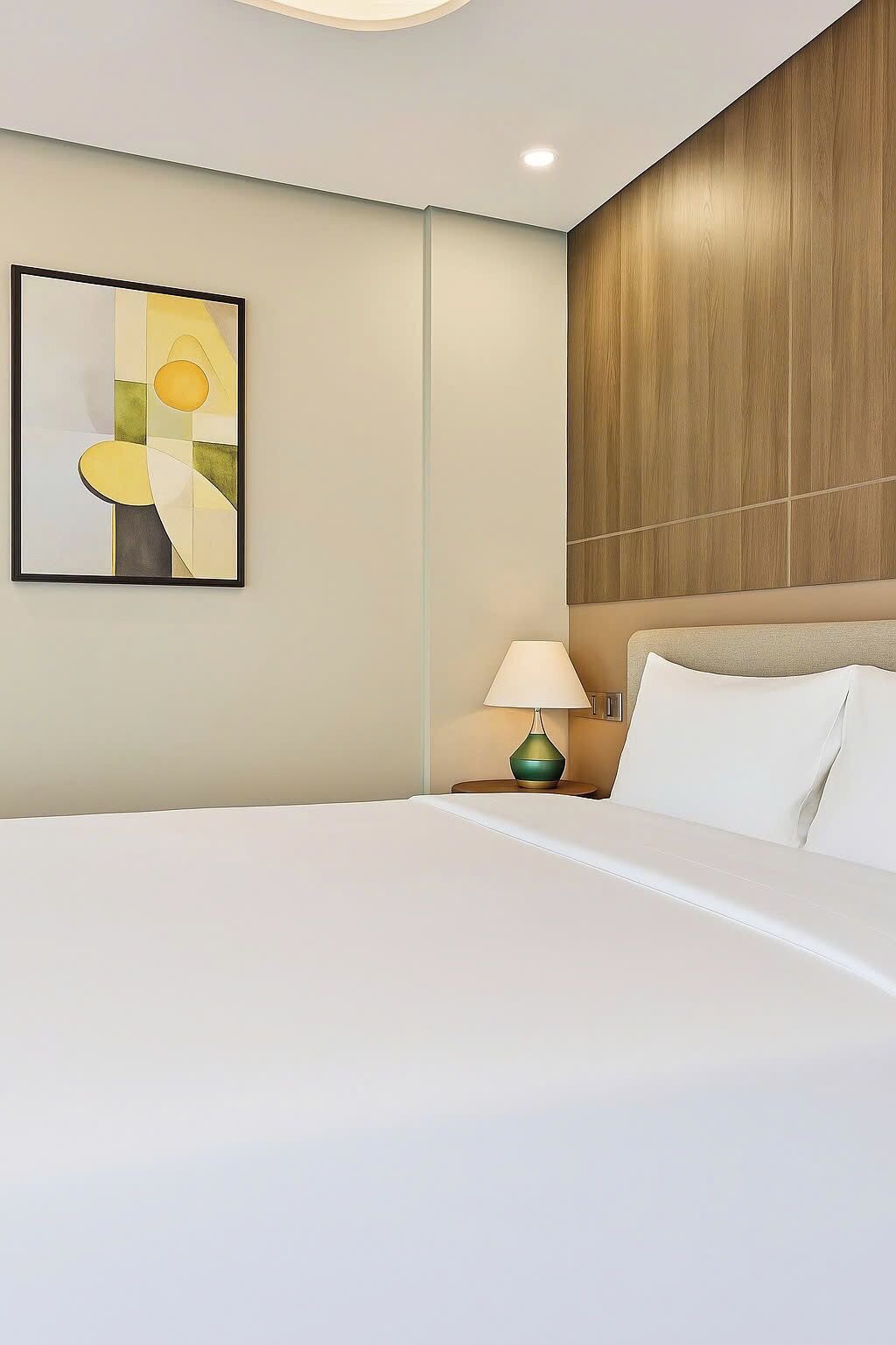 Une chambre d’hôtel avec un grand lit, une lampe de chevet et un tableau abstrait accroché au mur.